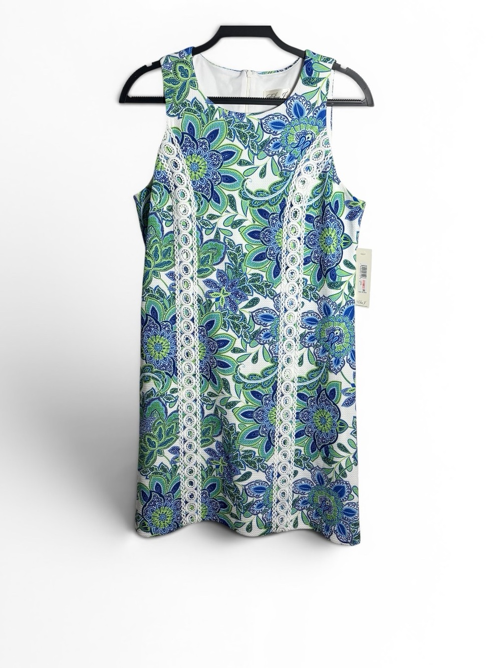 Eliza J Blue, Green & White Floral Shift Sleeveless Dress with Lace Embroidery